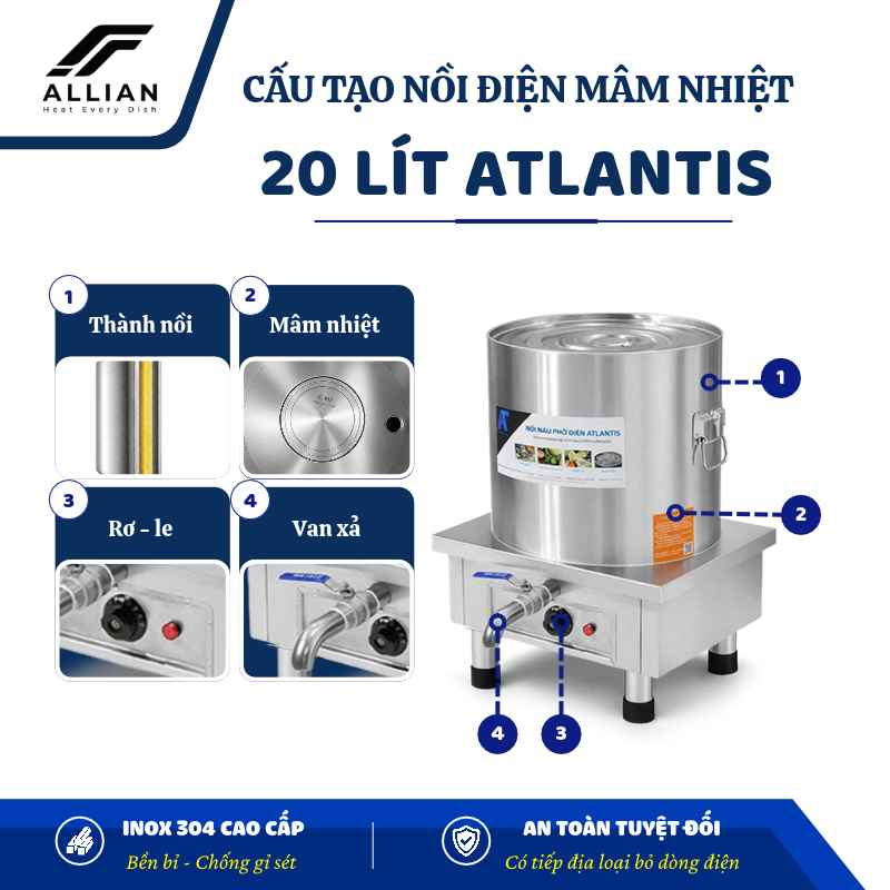 Cấu tạo nồi điện mâm nhiệt 20 lít Atlantis Square