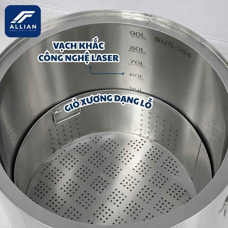 Giỏ xương và vạch dung tích nồi điện mâm nhiệt Atlantis 100 lít