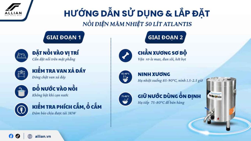 Hướng dẫn sử dụng và lắp đặt nồi điện mâm nhiệt 50 lít
