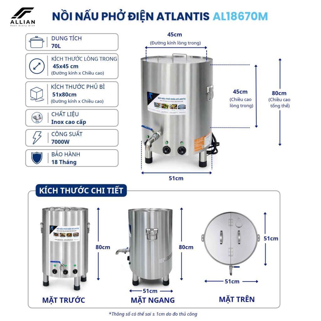 Kiểu dáng kích thước nồi điện mâm nhiệt 70 lít tròn